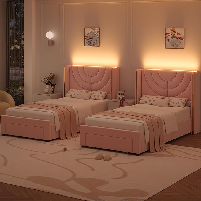HITHOS Twin Upholstered LED Bed Frame with Storage Drawer, Velvet Kids Bed with Wingback Headboard, Princess Twin Platform Bed for Girls/Kids, Solid Wood Slats Support, No Box Spring Needed, Pink