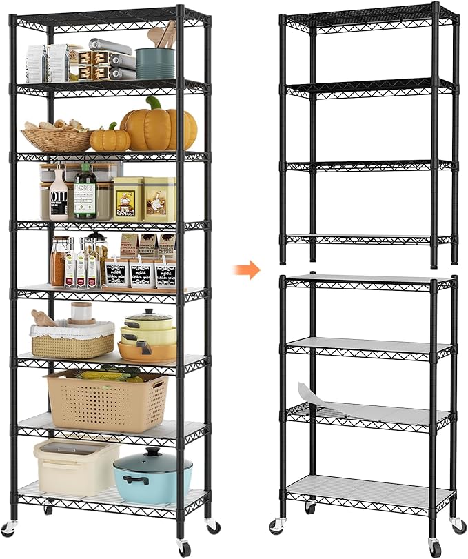 SINGAYE 8 Tier Shelf Organizer Storage Metal Shelves Garage Wire Shelving Unit Pantry Rack Adjustable Standing Storage for Kitchen Closet Laundry Bathroom Pantry 12" D x 22" W x 74" H Black