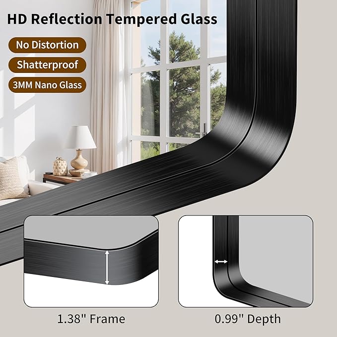 FORBATH 48x36 Inch Bathroom Mirror, Brushed Black Deep Frame Wall Mirror with Rounded Corners, Anti-Rust Tempered Glass for Modern Farmhouse Vanity (Horizontal/Vertical)