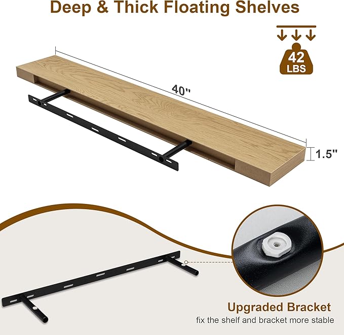 Fun Memories Floating Shelves for Wall, 40Inch Floating Shelves Set of 2, Hanging Shelf with Invisible Brackets, Wood Shelves for Living Room, Bedroom, Kitchen, Oak