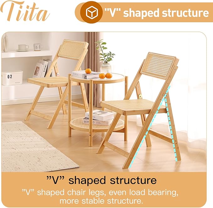 Tiita Rattan Dining Chairs Set of 2, Mid Century Modern Folding Chair, Bamboo Folding Dining Chairs for Small Space, Dining Room, Living Room, Bedroom, Wood