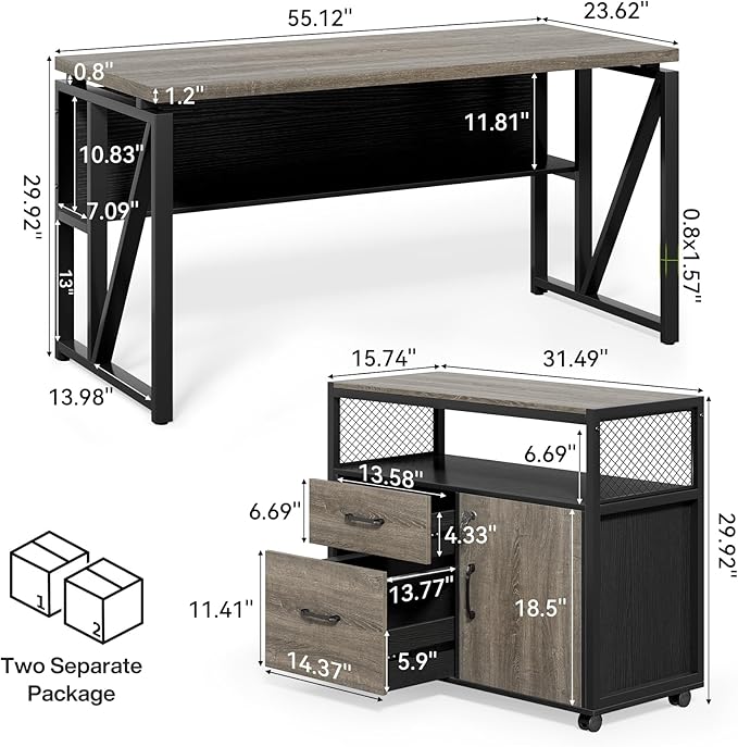 LITTLE TREE 55" Executive Computer Desk and Lateral File Cabinet, L-Shaped Office Desk for Home Office, Furniture Set, Grey