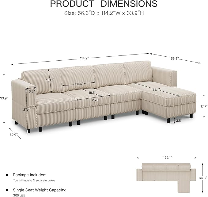 114.2" 5 Seater Modular Sofa with Deep Storage Seat,Corduroy Convertible L Shaped Sectional Couch,Modular Couch with Movable Ottoman Chaise,Upholstered Sectional Couches for Living Room,Beige