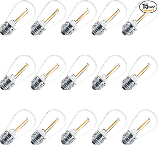 S14 LED String Light Bulbs, Shatterproof Outdoor String Replacement Light Bulbs, 1 Watt LED Edison Bulbs Equal to 11W Incandescent, 2200K Warm White, E26 Medium Base, 15 Pack