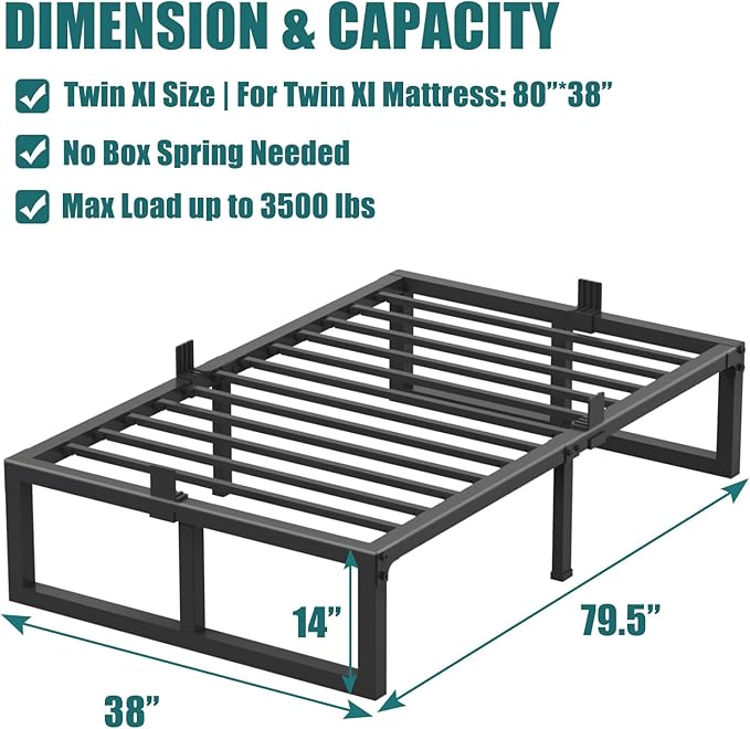 Twin XL Size Bed Frame, 14 Inch Heavy Duty Support 3500 lbs Metal Platform, No Box Spring Needed/Noise Free/Non-Slip/Steel Slat Support/Easy Assembly