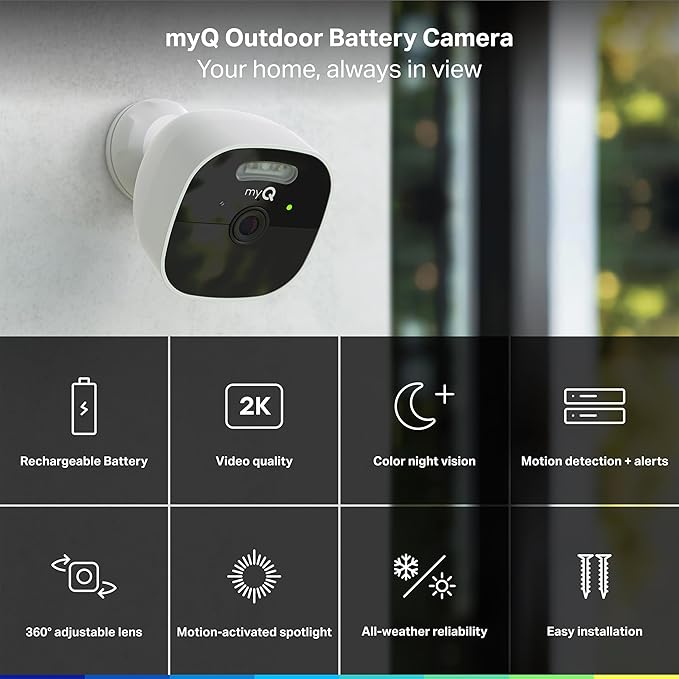 CHAMBERLAIN myQ Outdoor Battery Camera | 2K Camera, Color Night Vision, Spotlight, Motion Alerts, Live View with Two-Way Talk, Wireless, Weather-Resistant, Outdoor, White