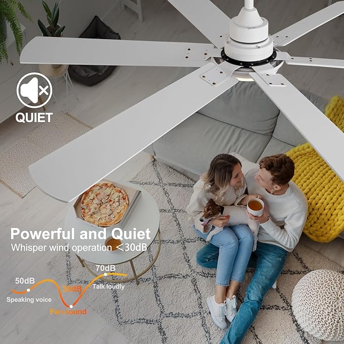 BOOMJOY 60 Inch Ceiling Fans with Lights and Remote,Outdoor/Indoor Ceiling Fan with Quiet Reversible DC Motor, 6 Blades White Ceiling Fan for Living Room Patio Bedroom