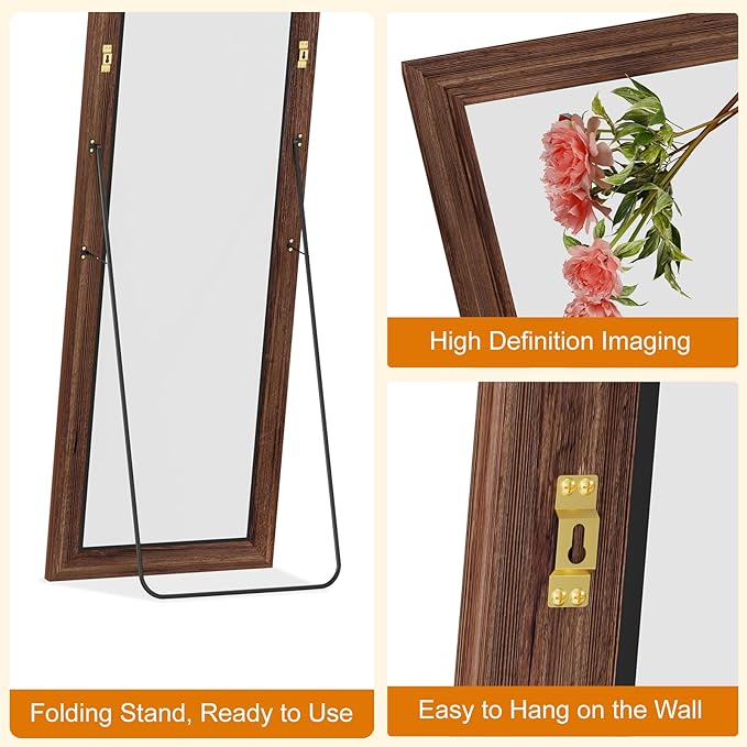 Full Length Mirror,65x22 Inch Full Length Mirror Wall Mounted,Vertical Hanging,Leaning Standing for Bedroom,Living Room,Rectangular Wooden Frame,Wood Brown Color.