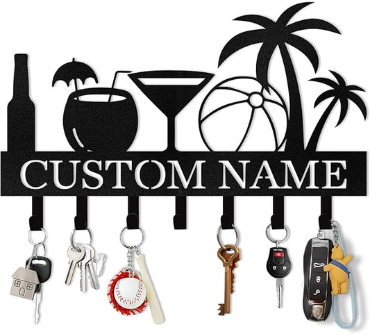 Personalized Key Holder for Wall, Beach Theme Key Holder Wall Mount with Hooks, Coconut Trees Key Hanger Wall Decor for Pool Bathroom Hallway Entryway Office, Customized Home Decor Gifts Color03