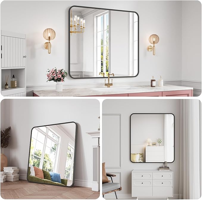 Koonmi Bathroom Mirror, 36X40 Brushed Black Rectangle Wall Mirror, HD Tempered Glass, Anti-Rust Frame Vanity Mirror, Rounded Rectangle Mirror for Restroom, Bedroom, Hangs Horizontal or Vertical