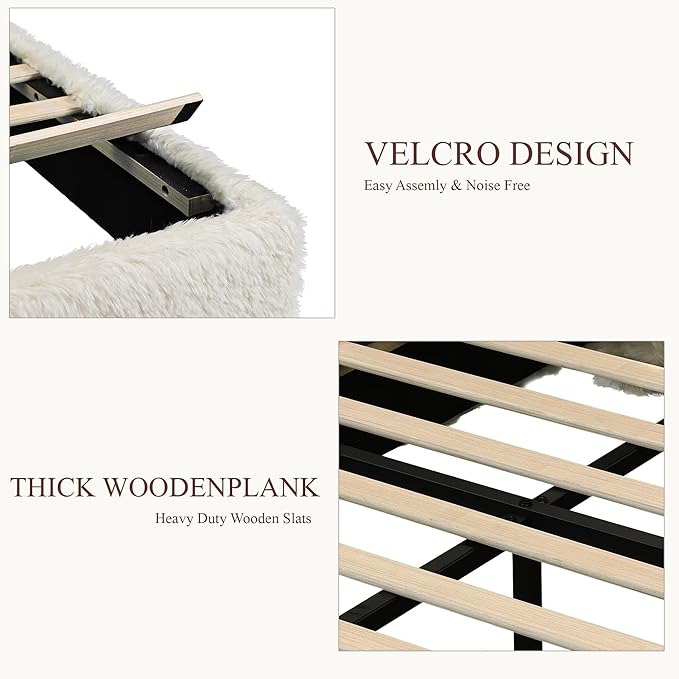 Brafab Full Bed Frame with Headboard, Boho Fluffy Boucle Cloud Upholstered Platform Bed with Soft Rounded Corners and Wooden Slats, No Box Spring Needed, Noise Free, Easy Assembly, Beige