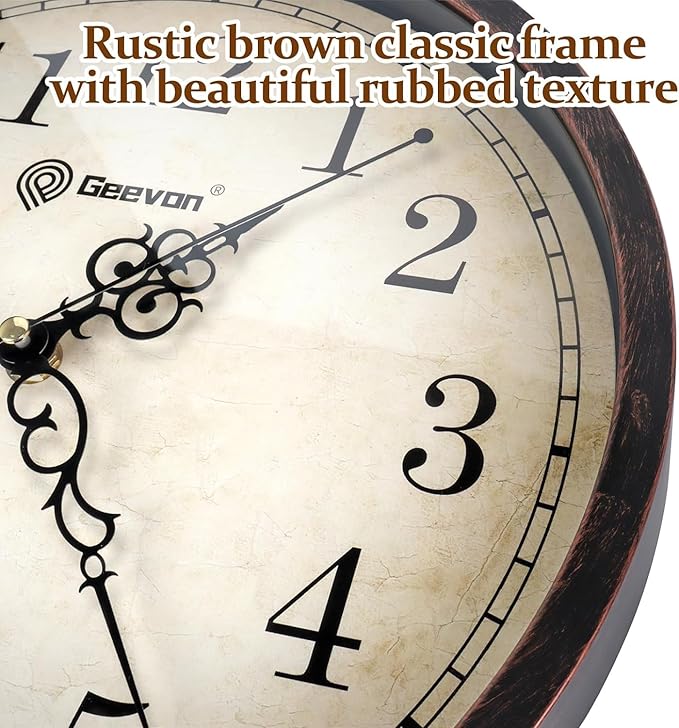 Geevon Vintage Wall Clock, Silent 14" Non Ticking Retro Round Clock Quartz Decorative Battery Operated Wall Clock for Kitchen,Office,Classroom,Bedroom,Living Room Decor