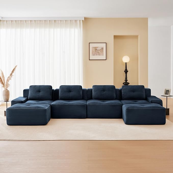 150" Modern Compressed Boneless Couch with Ottoman, 4 Seater Large U Shaped Sectional Couches for Living Room, Blue Corduroy Cloud Modular Sectional Sofa, Memory Foam, Extra Deep, No Assembly