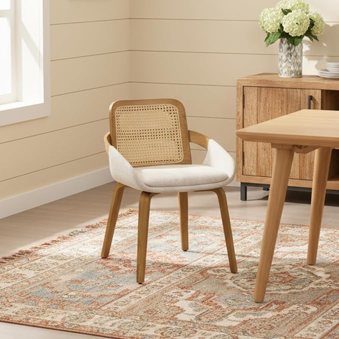 DUOMAY Modern Linen Dining Chairs Set of 2, Cane Back Room Chairs with Solid Wood Legs Kitchen Chairs for Living Room, Restaurant, Beige