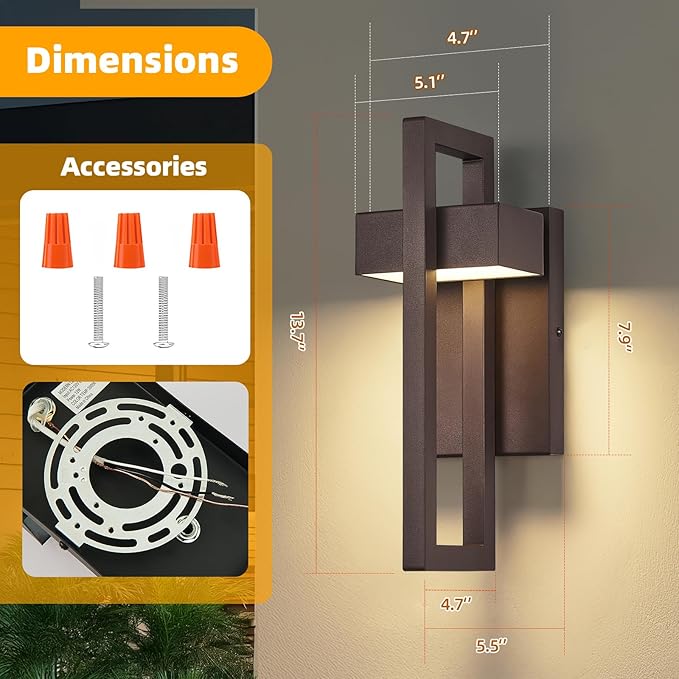 tewei Modern LED Outdoor Wall Sconce Brown Outdoor Lights for House, 13.7'' LED Exterior Lighting Fixtures Outside Wall Mount Lights for Front Porch Hallway, Warm White 3000K, 2 Pack