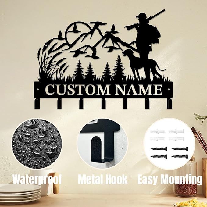Personalized Custom Name Hunting Deer Wall Key Hooks,Metal Hunting Art Clothes Hooks,Metal Hunting Wall Home Storage Decorative,Hunter For Front Door, Hallway, Kitchen, Bedroom,Keys,Hats (Style E)