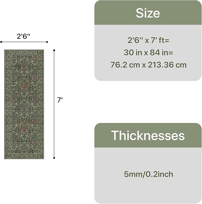 GENIMO Floral Washable Runner Rug 2’6”x7’, Non-Slip Long Hallway Carpet for Entryway, Kitchen, Indoor Floor Use, Vintage Boho Soft Thin Rug Décor, Emerald Green
