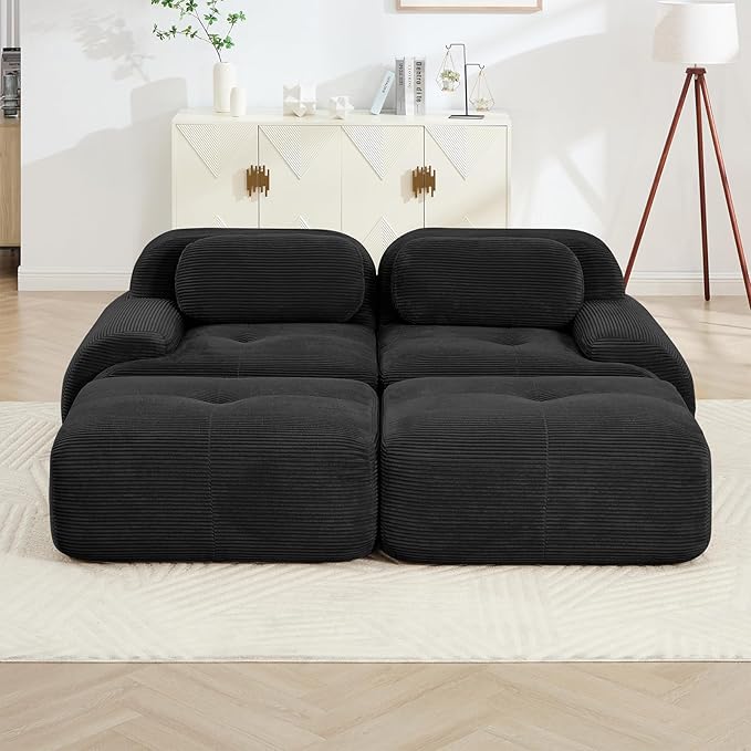 80" Modern Corduroy Boneless Love Seat Couches with 2 Ottomans, 2 Seater Large Sectional Couches for Living Room, Black Cloud Modular Sectional Sofa, Memory Foam, Extra Deep Loveseat, No Assembly