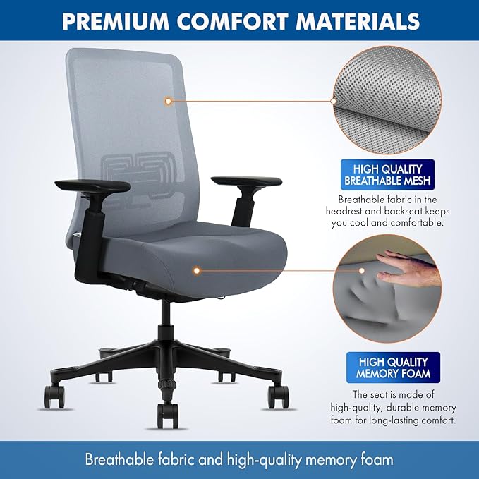 Mesh Office Chair with Headrest – Ergonomic Office Chair with Lumbar Support, Adjustable 3D Arms & Soft Seat – Holds Up to 330lbs (Gray)