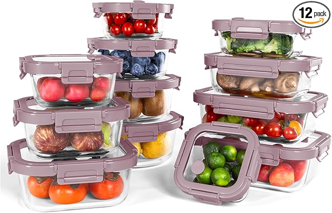 12-Pack Glass Containers with Tempered Lids – Borosilicate, Oven-Safe, Airtight, BPA-Free, Multi-Size for Meal Prep, Dishwasher Safe (Pink)