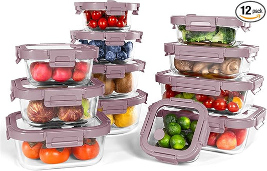 12-Pack Glass Containers with Tempered Lids – Borosilicate, Oven-Safe, Airtight, BPA-Free, Multi-Size for Meal Prep, Dishwasher Safe (Pink)