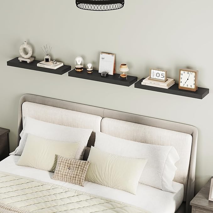 Floating Shelves for Wall, 1.5" Thick Wall Shelf Set of 3 with Invisible Brackets, 23.6L x 7.9W Hanging Book Shelves Farmhouse Home Decor for Bathroom, Living Room, Bedroom, Black 6301BJP3BK