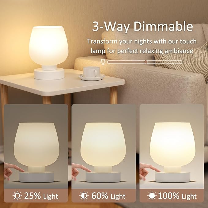 Seealle Touch Bedside Table Lamp Set of 2 - Small Bedside Lamp for Bedroom Living Room Night Stands, Desk Lamp with White Glass Shade for Small Spaces, 3 Way Dimmable, LED Bulbs, Gifts