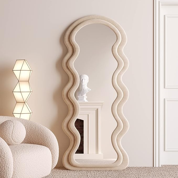 BOJOY 63"x24" Irregular Wavy Mirror, Wall Mount, Modern Bedroom Mirror, Milk Tea Color