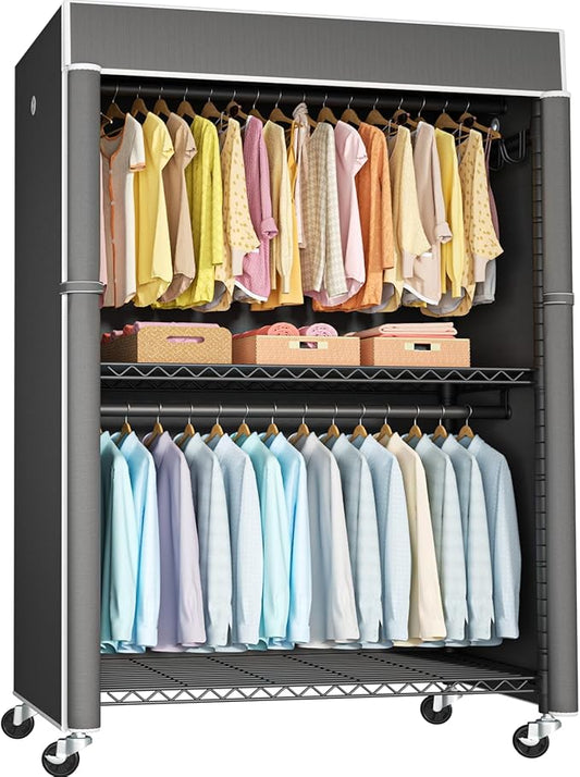 FUTASSI Black Clothing Rack with Dark Gray Cover, P1C Plus Rolling Closet with Wheels, Metal Garment Rack for Hanging Clothes, Clothing Storage Wardrobe, 46" W x 18.5" D x 80.7" H, Load 524 Pounds