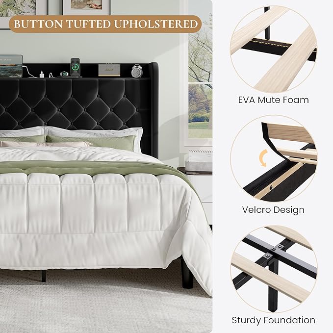 SHA CERLIN Full Size Platform Bed Frame with Charging Station, Velvet Wingback Headboard with Storage Shelf, Wooden Slats Support, Ample Under-Bed Space, No Box Spring Needed, Easy Assembly, Black