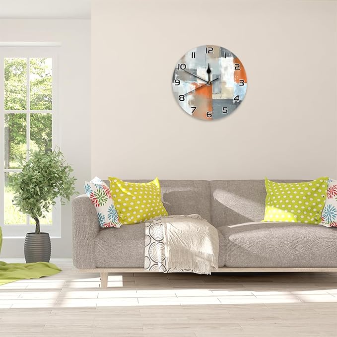 Abstract Orange Grey White Beige Art Wall Clock Battery Operated 10 in Round Wall Clocks Slilent Non Ticking Quartz Analog Clock for Bedroom Kids Living Room Classroom Decor