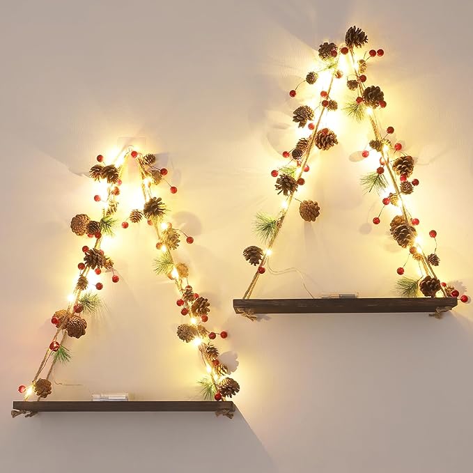 Floating Shelves for Wall, Hanging Shelves with Christmas Pinecone & Bell LED String Light, No Drilling Hanging Shelf, Wood Hanging Plant Shelves for Wall Décor, Boho Decor, Art Bedroom