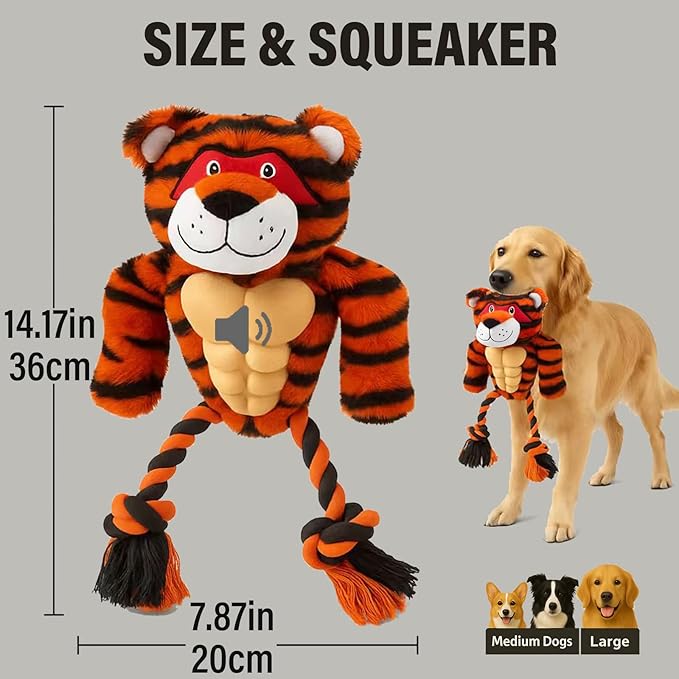 Durable Rope & Plush Dog Toy for Aggressive Chewers – Muscle Tiger Squeaky Tug Toy for Medium & Large Dogs, Interactive Chew & Play