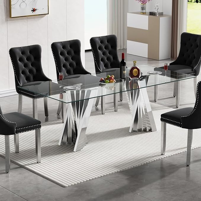 HomVent 70.08" Rectangular Clear Tempered Glass Dining Table,Stylish Design with Silver Stainless Steel Legs, Dining Table for Dining Room
