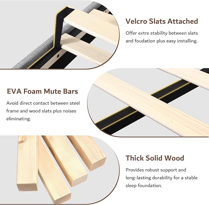 iPormis Queen Size Bed Frame with Charging Station, Linen Platform Bed Frame with Wingback Headboard Upholstered Bedframe, Solid Wood Slats Support, No Box Spring Needed, Easy Assembly, Light Grey