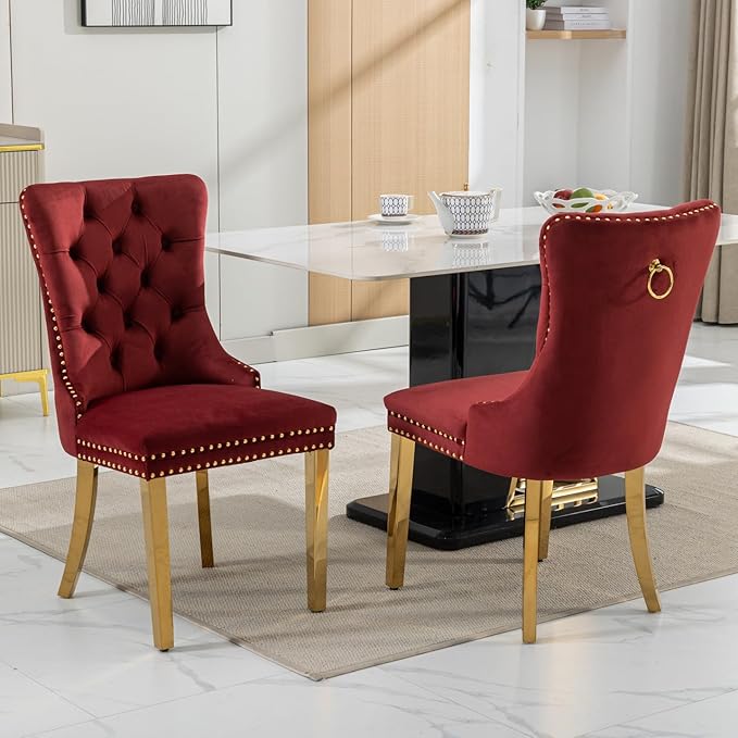 Goujxcy 7 Piece Glass Dining Table Set Modern Glass Dining Table Set for 6, 61" Rectangular Gold Kitchen Table and 6 Velvet Upholstered Wine Red Chairs, Gold Table & Burgundy Chair