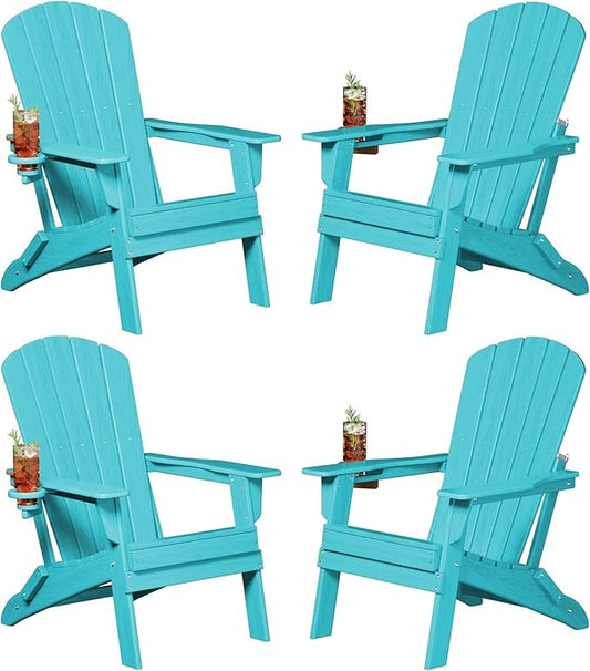 Plawdlik Folding Adirondack Chair, SGS Tested, Wooden Textured with Cup Holder, Heavy All-Weather HDPE Comfortable Set Poolside Backyard Lawn Aruba Blue Set 4