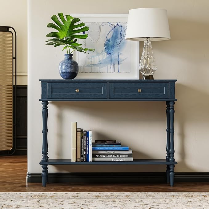 ARTPOWER Console Table for Entryway with 2 Drawers-Minimal Assembly,Retro Entryway Table with Storage Cabinets and Open Shelf,Narrow Long Couch Table Behind Sofa for Living Room,Foyer,Hallway,Blue