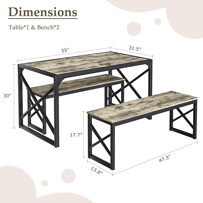 VECELO Kitchen Dining Table Benches Set for 4, 55" Wooden Dinette with 2 Benches, Heavy-Duty Dining Room Table for Small Space, Breakfast Nook, Grey