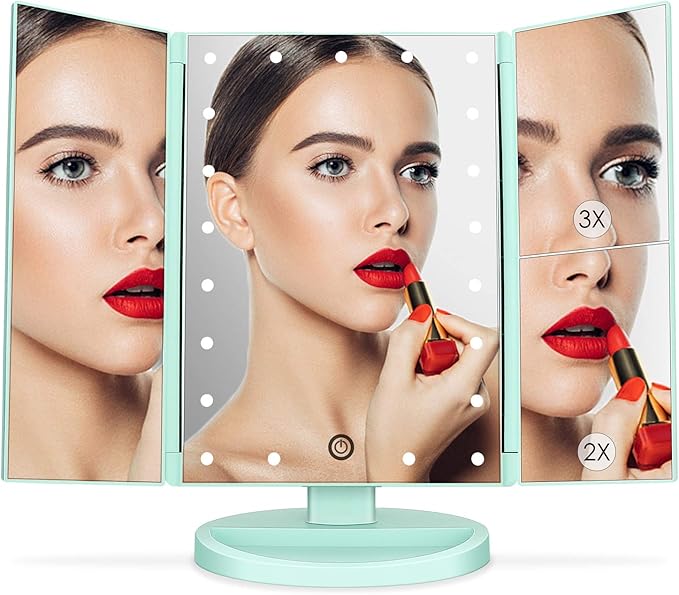 deweisn Tri-Fold Lighted Vanity Tabletop Mount Mirror with 21 LED Lights, Touch Screen and 3X/2X/1X Magnification, Two Power Supply Mode Make up Mirror,Travel Mirror
