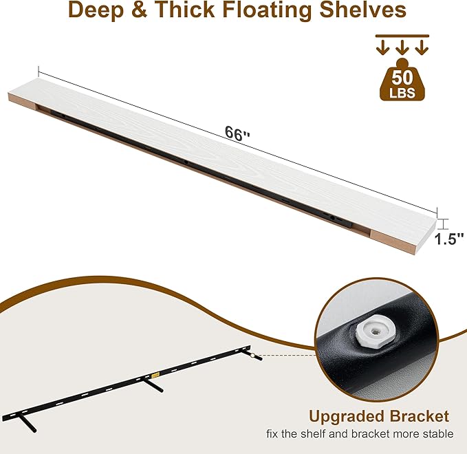 Fun Memories 66 Inch Fireplace Mantel - Long Floating Shelf, Wall Mounted Farmhouse Display with Invisible Heavy Duty Metal Bracket, White, 2 Pack