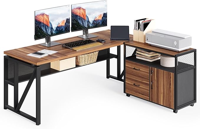 LITTLE TREE 63-Inch Office Desk with 31.5-Inch Lateral File Cabinet, Study Writing Desk Computer Desk for Home Office