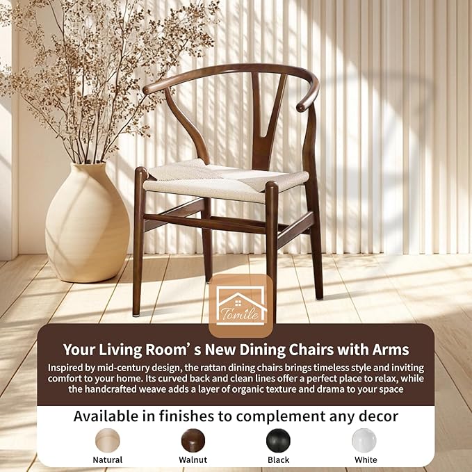 Tomile Wishbone Chair Y Chair, Wooden Dining Chairs, Mid Century Modern Chairs with Arms, Solid Wood Weave Seat Kitchen & Dining Room Chairs (Ash Wood - Walnut Color)