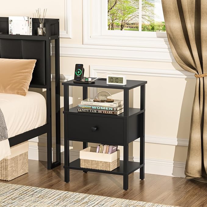 Lerliuo Nightstand with Charging Station and USB Ports, 3-Tier Storage End Table with Drawer Shelf, Night Stand for Small Spaces, Wood Bed Side Table for Living Room, Bedroom - Classic Black