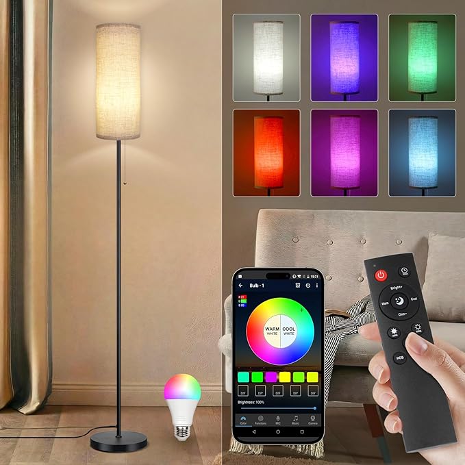 Floor Lamp for Living Room, Modern Standing Lamps with Lampshade, Minimalist Tall Lamp with Chain Switch for Living Room, LED Bulb Included (Beige Shade-RGB Bulb)