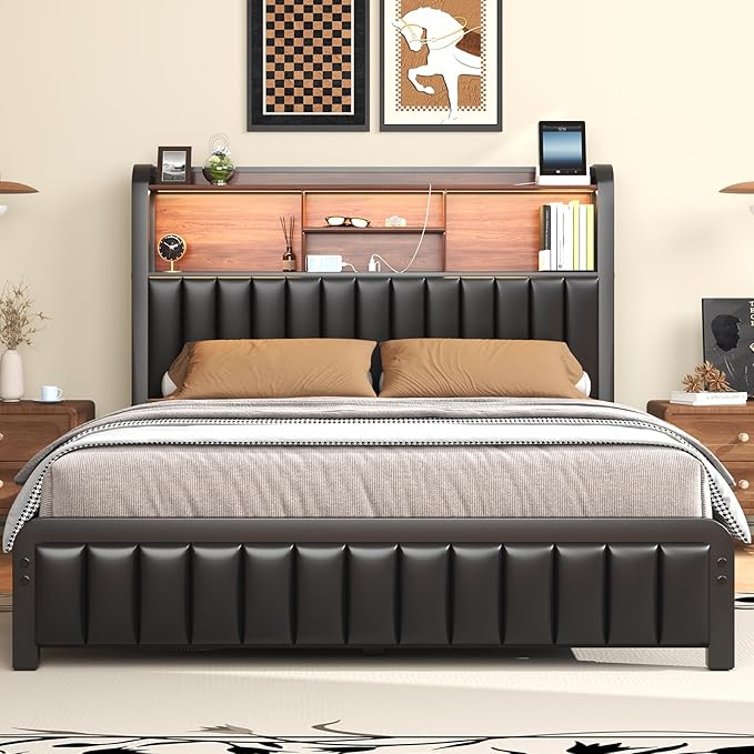 Full Bed Frame 54.3" Tall with 3-Tier Storage Headboard and PU Leather, Metal Platform Bed Frame with LED Lights and Charging Station, Noise-Free, Metal Support, No Box Spring Needed, Black