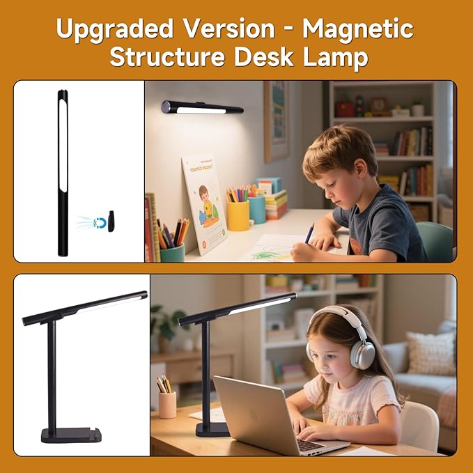 Magnetic Led Desk Lamp: 2 in 1 Magnetic Reading Lamp with USB Charging Port for Home Bedroom Office Study | Dorm Desk Lamp with 3500-6500k Touch Control Dimming | 5 Brightness Levels | Black
