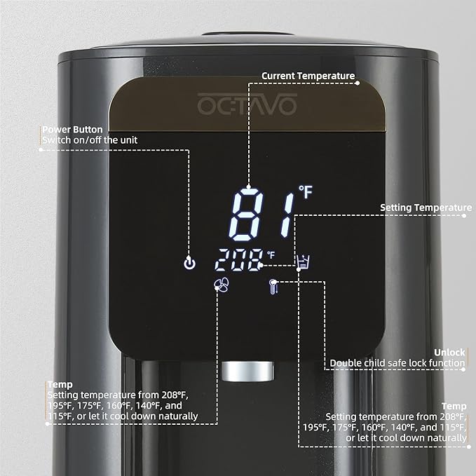OCTAVO Water Boiler & Warmer 5 Liter, 304 Stainless Steel Water Tank, 700 Watt 6 Adjustable Water Temperature, LCD Touch Control Screen, Child Lock with Water Shortage Indicator