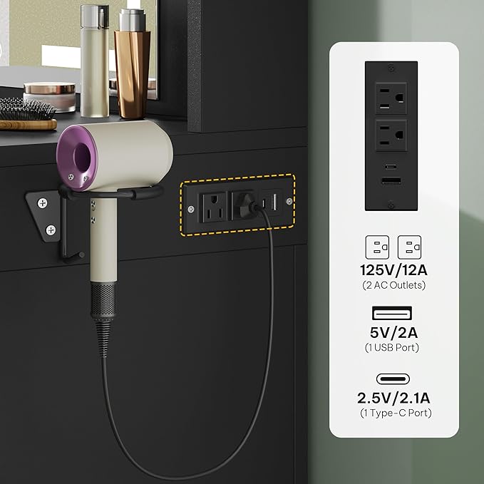 DWVO Makeup Vanity with LED Mirror, 40" Big Vanity Makeup Table with 4 Drawers and 7 Open Storage Shelves, Built-in Power Outlets & Hairdryer Holder, Black