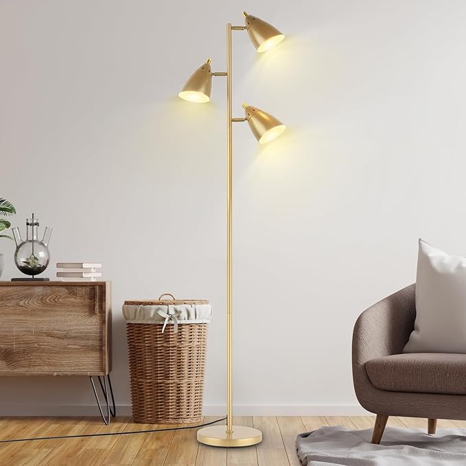 Tree Floor Lamp for Living Room, Industrial 3-Light Standing Lamp with 3 LED Bulbs, Adjustable Rotation Heads, Standing Tall Pole Lamp Farmhouse Rustic Reading Lamps for Bedroom Office (Gold)
